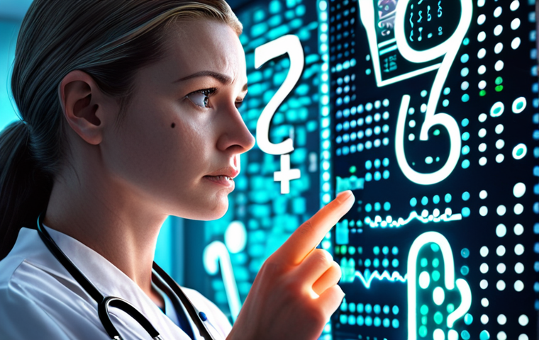 A nurse intently observing a patient, surrounded by glowing data points and question marks. Focus on her observant expression. Style: Clean, modern, slightly stylized.**

**