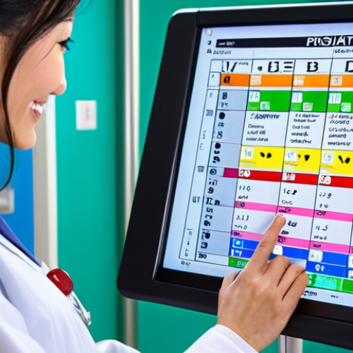 **

A busy hospital ward scene. A female nurse, smiling and confident, reviews a color-coded patient chart. Electronic medical records glow in the background. Focus on organization and prioritizing patient needs. Modern Japanese hospital aesthetic.

**