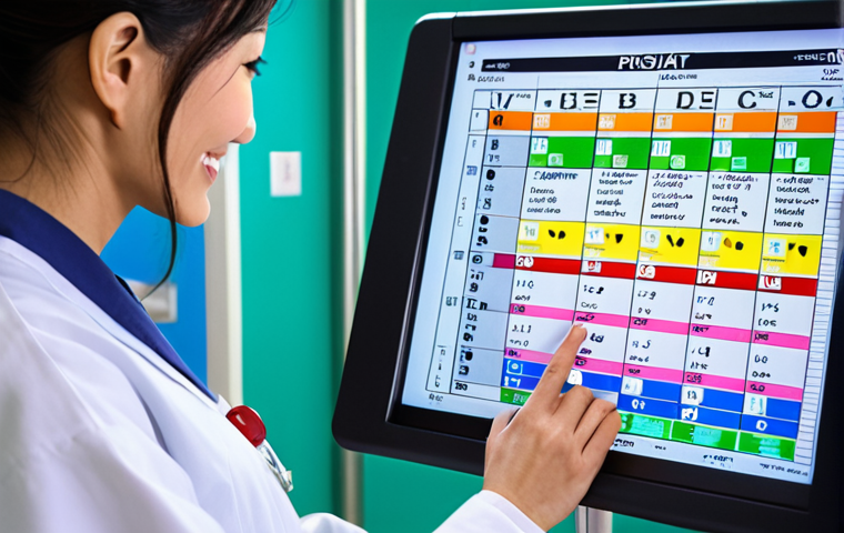 **

A busy hospital ward scene. A female nurse, smiling and confident, reviews a color-coded patient chart. Electronic medical records glow in the background. Focus on organization and prioritizing patient needs. Modern Japanese hospital aesthetic.

**