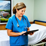 Nurse Gathering Patient Information**

A friendly nurse, fully clothed in scrubs, gently interviewing a senior patient in a well-lit hospital room. The nurse is taking notes on a digital tablet. Background includes medical equipment and a calming landscape painting.  Perfect anatomy, correct proportions, natural pose, professional lighting, safe for work, appropriate content, fully clothed, modest, family-friendly.

**