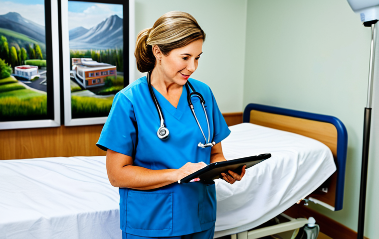 Nurse Gathering Patient Information**

A friendly nurse, fully clothed in scrubs, gently interviewing a senior patient in a well-lit hospital room. The nurse is taking notes on a digital tablet. Background includes medical equipment and a calming landscape painting.  Perfect anatomy, correct proportions, natural pose, professional lighting, safe for work, appropriate content, fully clothed, modest, family-friendly.

**