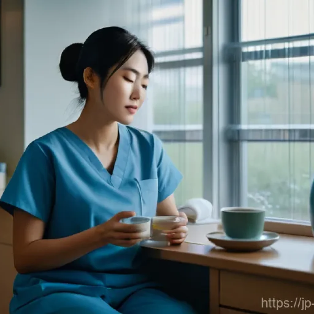 간호사의 스트레스 테스트 대비법 - **Prompt:** A female Japanese nurse, in her late 20s to early 30s, finds a brief moment of tranquili...