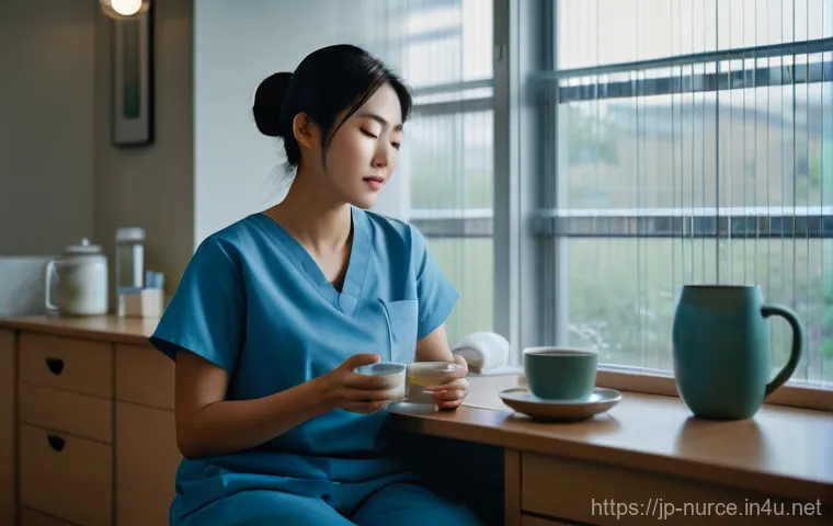 간호사의 스트레스 테스트 대비법 - **Prompt:** A female Japanese nurse, in her late 20s to early 30s, finds a brief moment of tranquili...