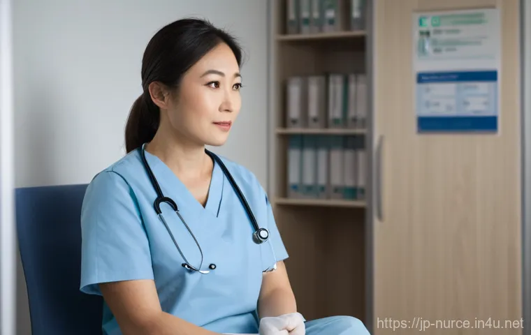 간호사의 스트레스 테스트 대비법 - **Prompt:** A female Japanese nurse, in her mid-30s, is enjoying a moment of mindful activity and fr...