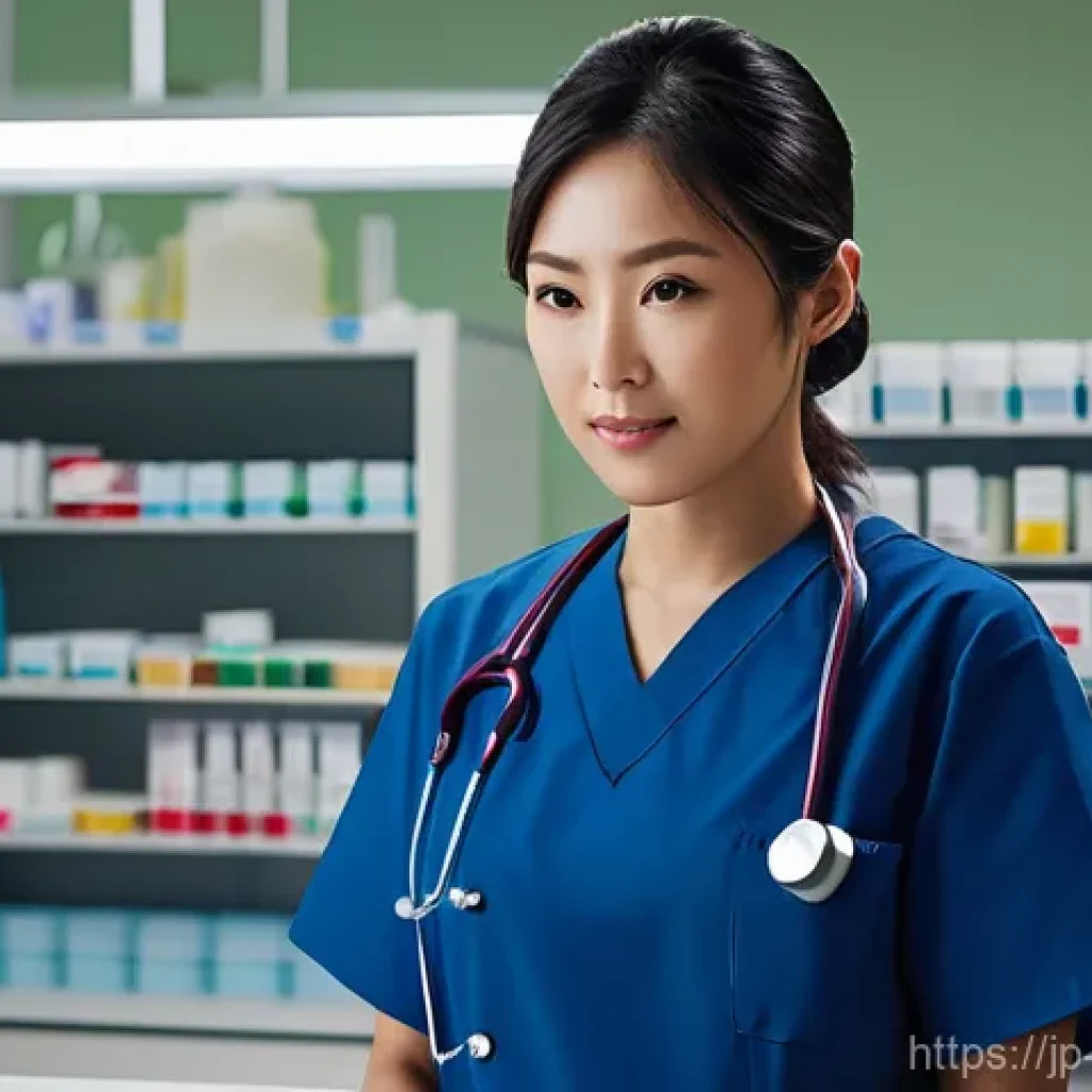 간호사 업무 중 주의해야 할 약물 - **Prompt:** A focused and competent Japanese nurse in her late 20s, wearing a clean, professional nu...