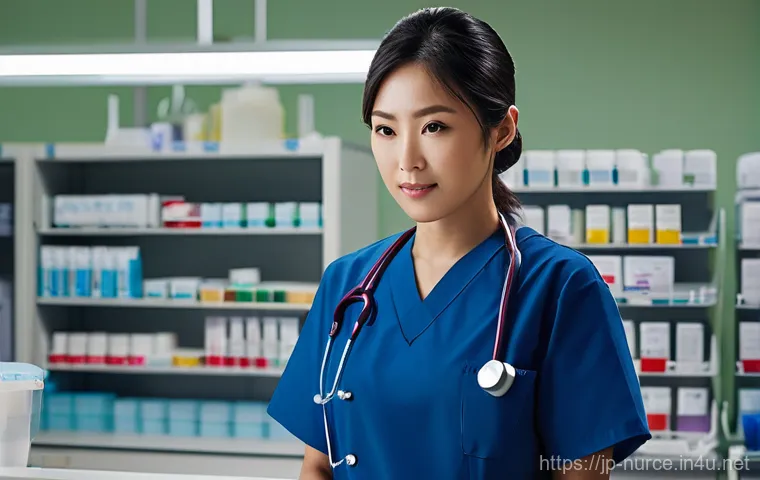 간호사 업무 중 주의해야 할 약물 - **Prompt:** A focused and competent Japanese nurse in her late 20s, wearing a clean, professional nu...