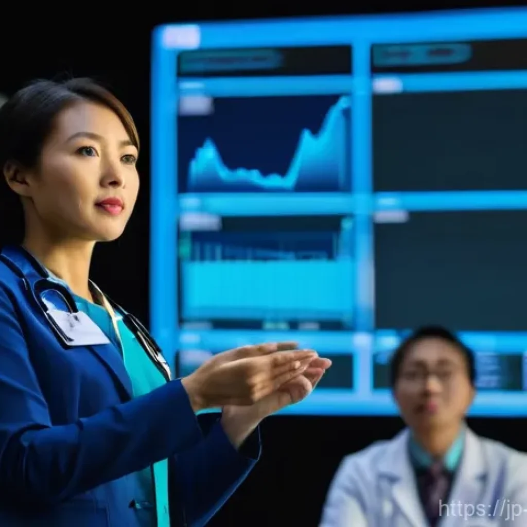 간호사의 국제 학회 발표 사례 - A confident Asian female nurse in her late 20s to early 30s, dressed in a sharp, professional busine...