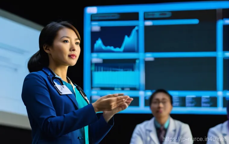 간호사의 국제 학회 발표 사례 - A confident Asian female nurse in her late 20s to early 30s, dressed in a sharp, professional busine...