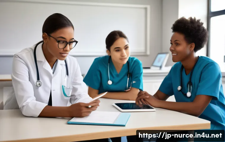 간호사 해외 학위 프로그램 비교 - A modern university nursing classroom in an English-speaking country, showing a diverse group of stu...
