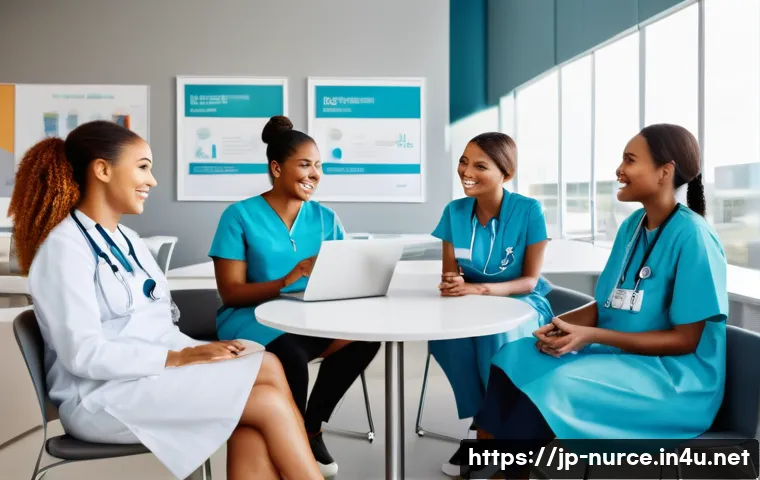 간호사 신규 채용 트렌드 - A modern hospital nurse recruitment scene showcasing a diverse group of young nurses in stylish, pro...
