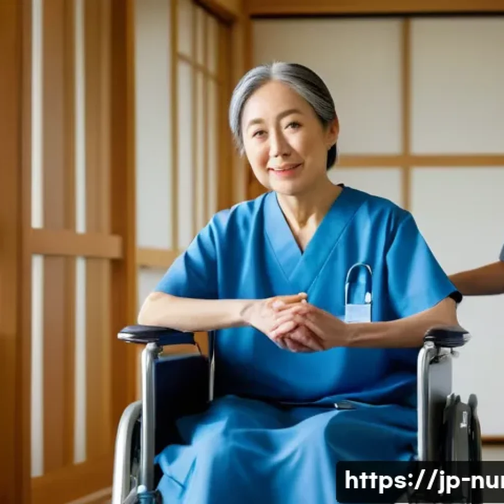 간호사의 의료 윤리적 갈등 해결 사례 - A compassionate Japanese nurse in modern hospital scrubs gently holding the hand of an elderly Japan...