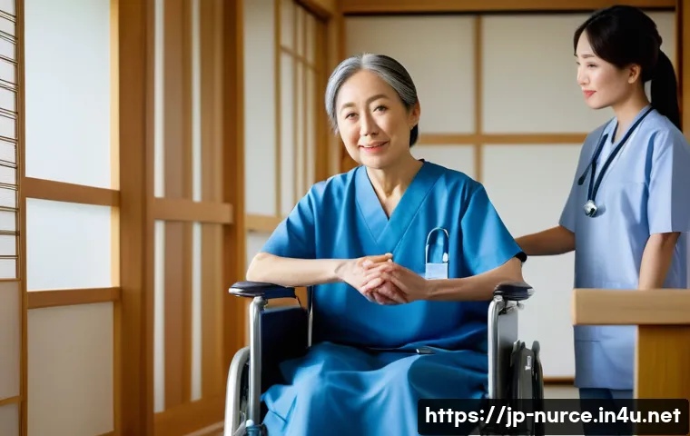 간호사의 의료 윤리적 갈등 해결 사례 - A compassionate Japanese nurse in modern hospital scrubs gently holding the hand of an elderly Japan...