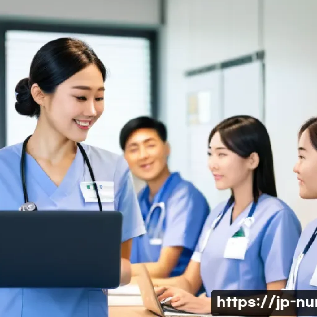 간호사 연구 활동 및 학회 참여 - A modern Japanese hospital nursing team gathered in a bright conference room for a research sharing ...