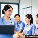 간호사 연구 활동 및 학회 참여 - A modern Japanese hospital nursing team gathered in a bright conference room for a research sharing ...