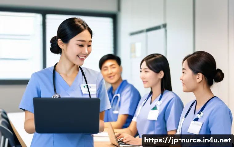 간호사 연구 활동 및 학회 참여 - A modern Japanese hospital nursing team gathered in a bright conference room for a research sharing ...