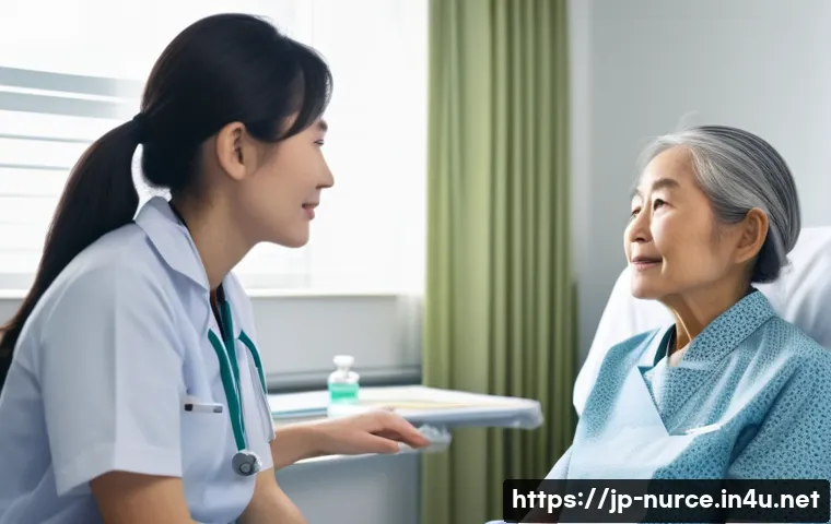 간호사로서의 문화적 민감성 - A compassionate Japanese nurse attentively listening to an elderly multicultural patient in a modern...