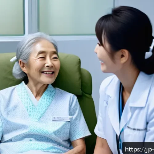 간호사와 환자 간의 의사소통 방법 - A compassionate Japanese nurse with a warm smile gently making eye contact with an elderly patient i...