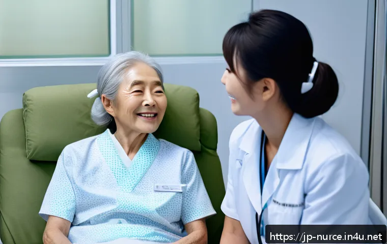 간호사와 환자 간의 의사소통 방법 - A compassionate Japanese nurse with a warm smile gently making eye contact with an elderly patient i...