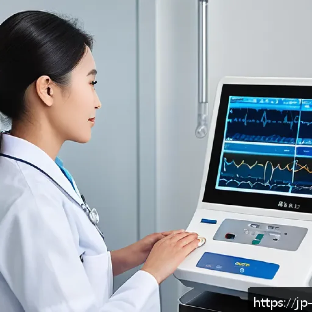 간호사의 필수 의료 장비 목록 - A modern hospital setting featuring a nurse skillfully using a multifunctional ECG monitor displayin...