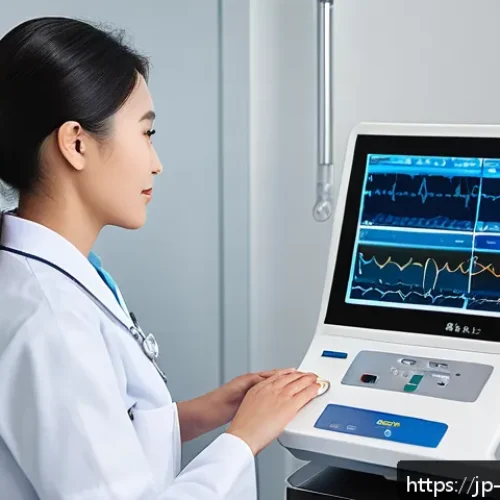 간호사의 필수 의료 장비 목록 - A modern hospital setting featuring a nurse skillfully using a multifunctional ECG monitor displayin...