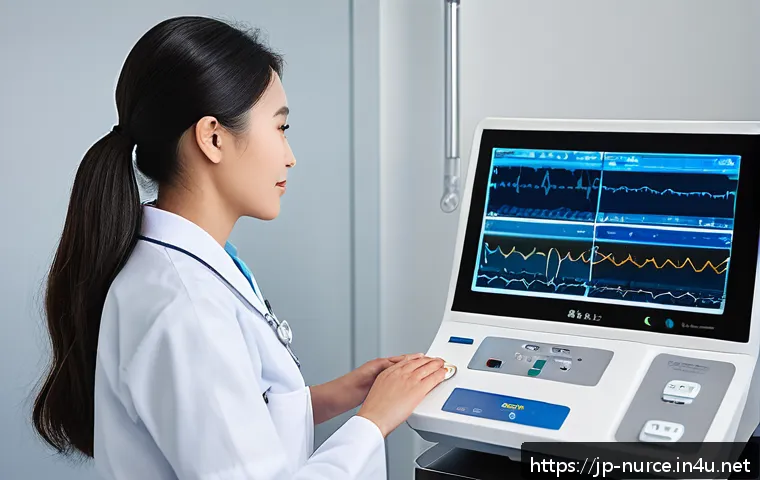 간호사의 필수 의료 장비 목록 - A modern hospital setting featuring a nurse skillfully using a multifunctional ECG monitor displayin...
