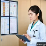 간호사 실무와 이론의 차이 - A modern hospital nursing station scene featuring a young Japanese nurse attentively reviewing elect...