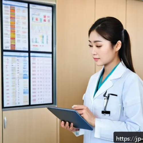 간호사 실무와 이론의 차이 - A modern hospital nursing station scene featuring a young Japanese nurse attentively reviewing elect...