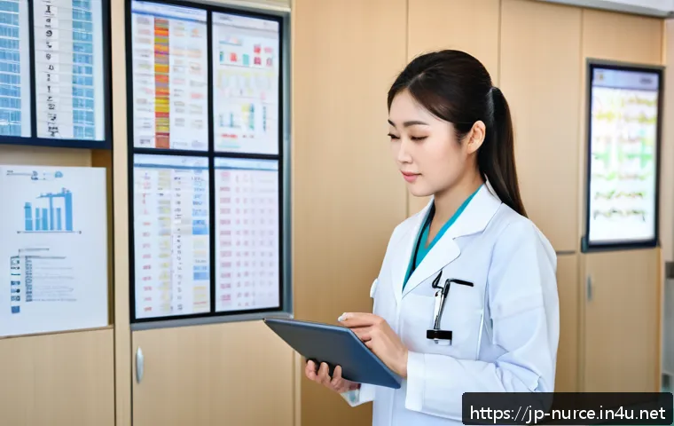 간호사 실무와 이론의 차이 - A modern hospital nursing station scene featuring a young Japanese nurse attentively reviewing elect...