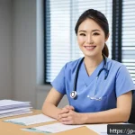 간호사의 연봉 협상 준비 서류 - A professional Japanese female nurse in her 30s, wearing clean, modern nursing scrubs with a name ta...