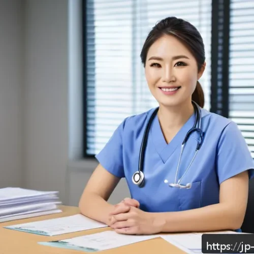 간호사의 연봉 협상 준비 서류 - A professional Japanese female nurse in her 30s, wearing clean, modern nursing scrubs with a name ta...