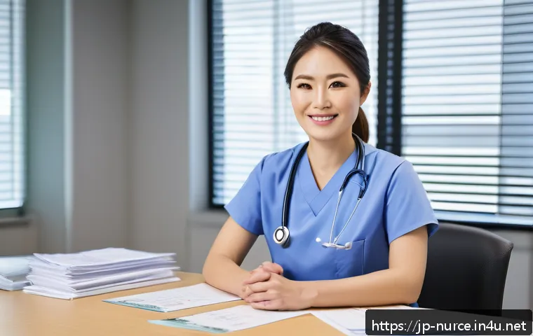 간호사의 연봉 협상 준비 서류 - A professional Japanese female nurse in her 30s, wearing clean, modern nursing scrubs with a name ta...