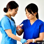 간호사 업무 중 잦은 실수와 해결법 - Photorealistic Japanese hospital medication room, a focused adult Japanese nurse in clean navy scrub...
