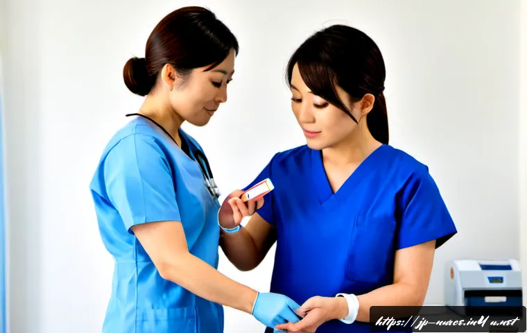 간호사 업무 중 잦은 실수와 해결법 - Photorealistic Japanese hospital medication room, a focused adult Japanese nurse in clean navy scrub...