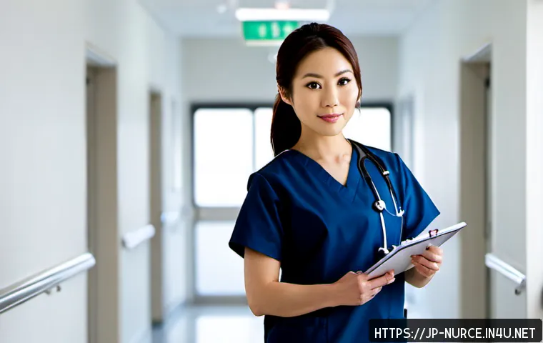 간호사 자격증 종류와 활용 - Photorealistic Japanese female nurse in neat navy scrubs and a plain white medical coat, standing co...