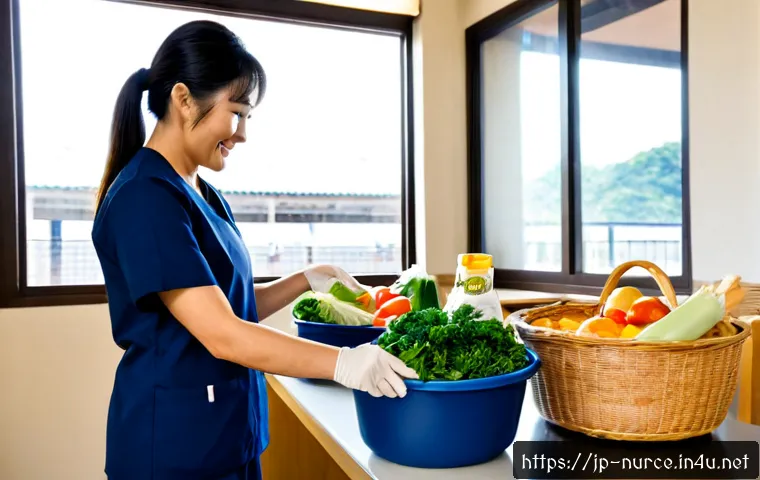 간호사와 봉사활동을 병행하기 - Photorealistic Japanese nurse in clean navy scrubs, warmly assisting an elderly woman at a bright co...