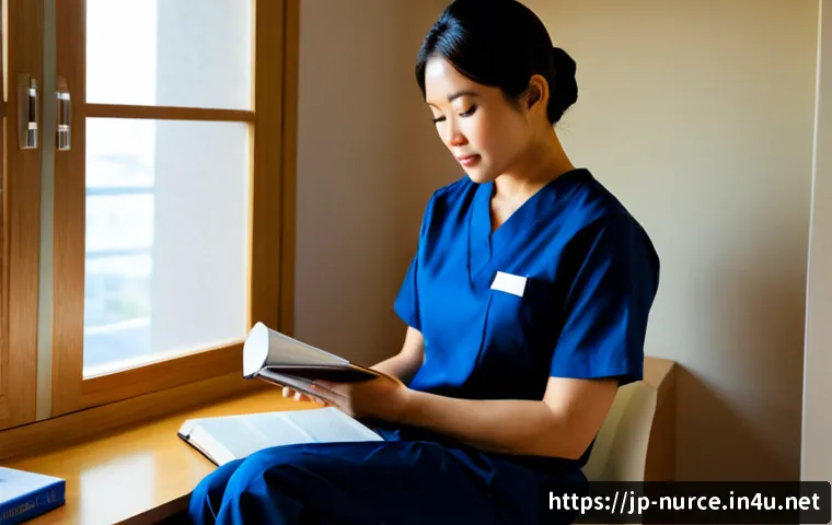 간호사의 자기 계발을 위한 도서 추천 - Photorealistic Japanese nurse in clean navy scrubs, seated at a quiet sunlit apartment desk after wo...