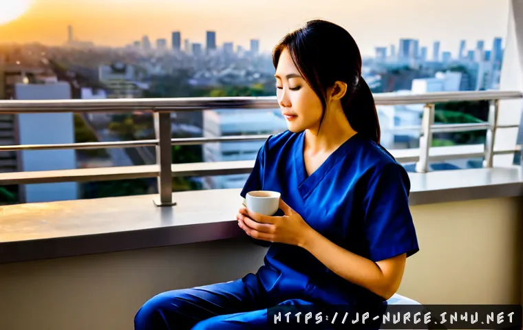 간호사의 근무 중 심리적 압박 해소법 - Photorealistic Japanese nurse on a quiet hospital staff break balcony at sunset, seated comfortably ...